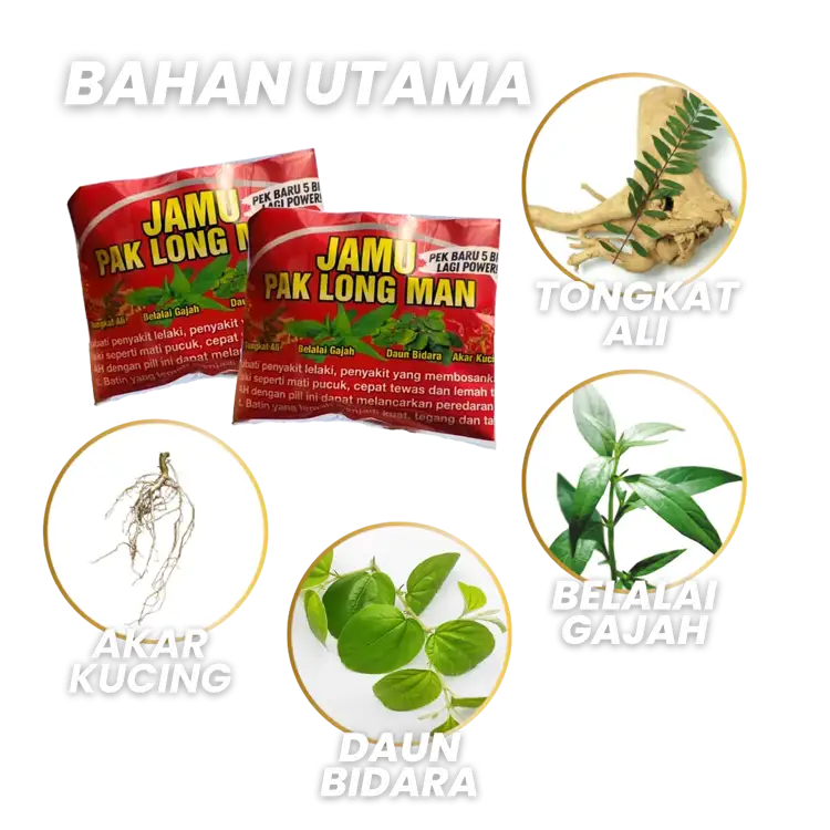 Bahan utama: tongkat ali, akar kucing, daun bidara, belalai gajah